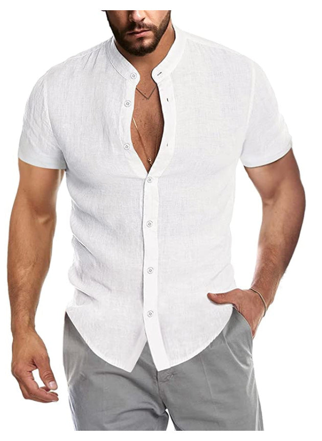 Herren Kurzarm Leinenhemd mit Stehkragen und dezenter Knopfleiste W&W Mode
