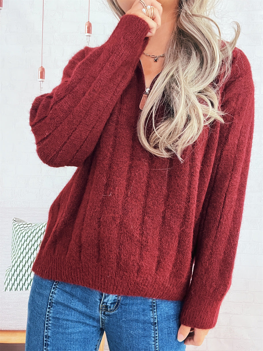 Damen Strickpullover mit kurzer Reißverschlussleiste und Wellenstruktur WW