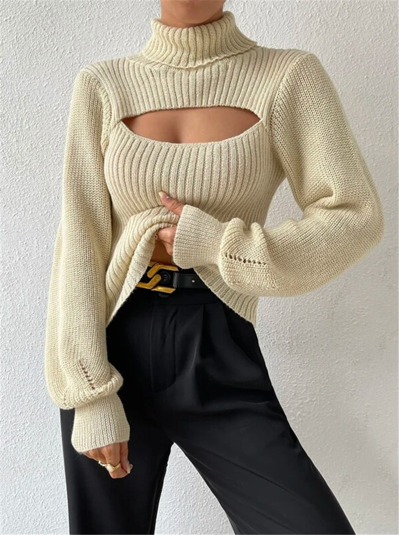 Damen Strickpullover mit Trendigem Cut-Out und Hohem Kragen WW