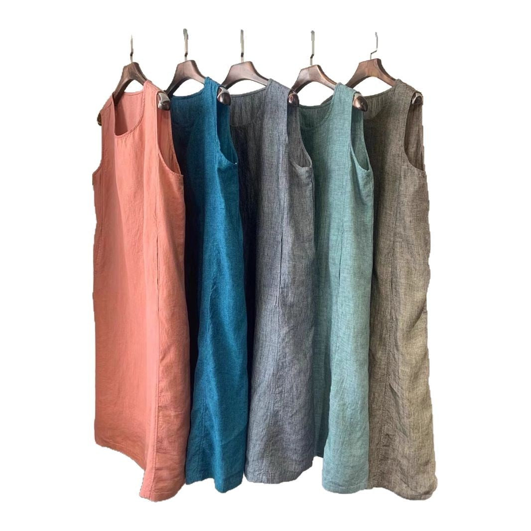 Damen Ärmelloses Leinen Shift Kleid WW