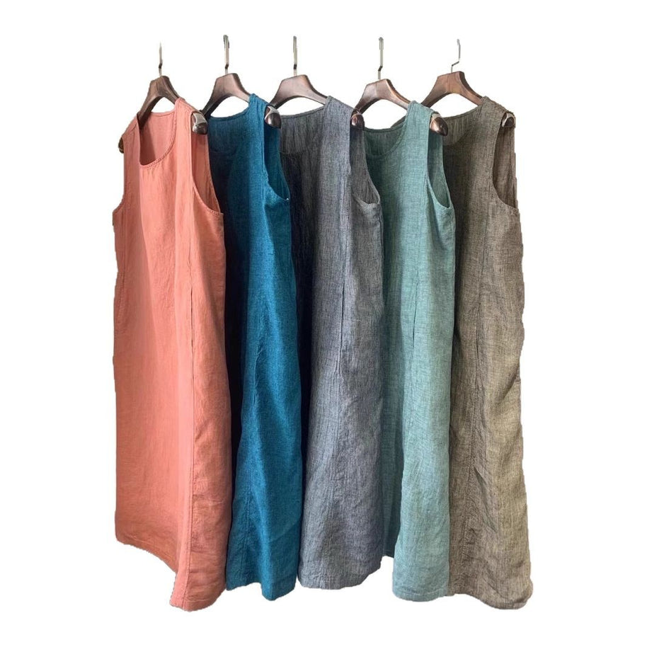 Damen Ärmelloses Leinen Shift Kleid WW
