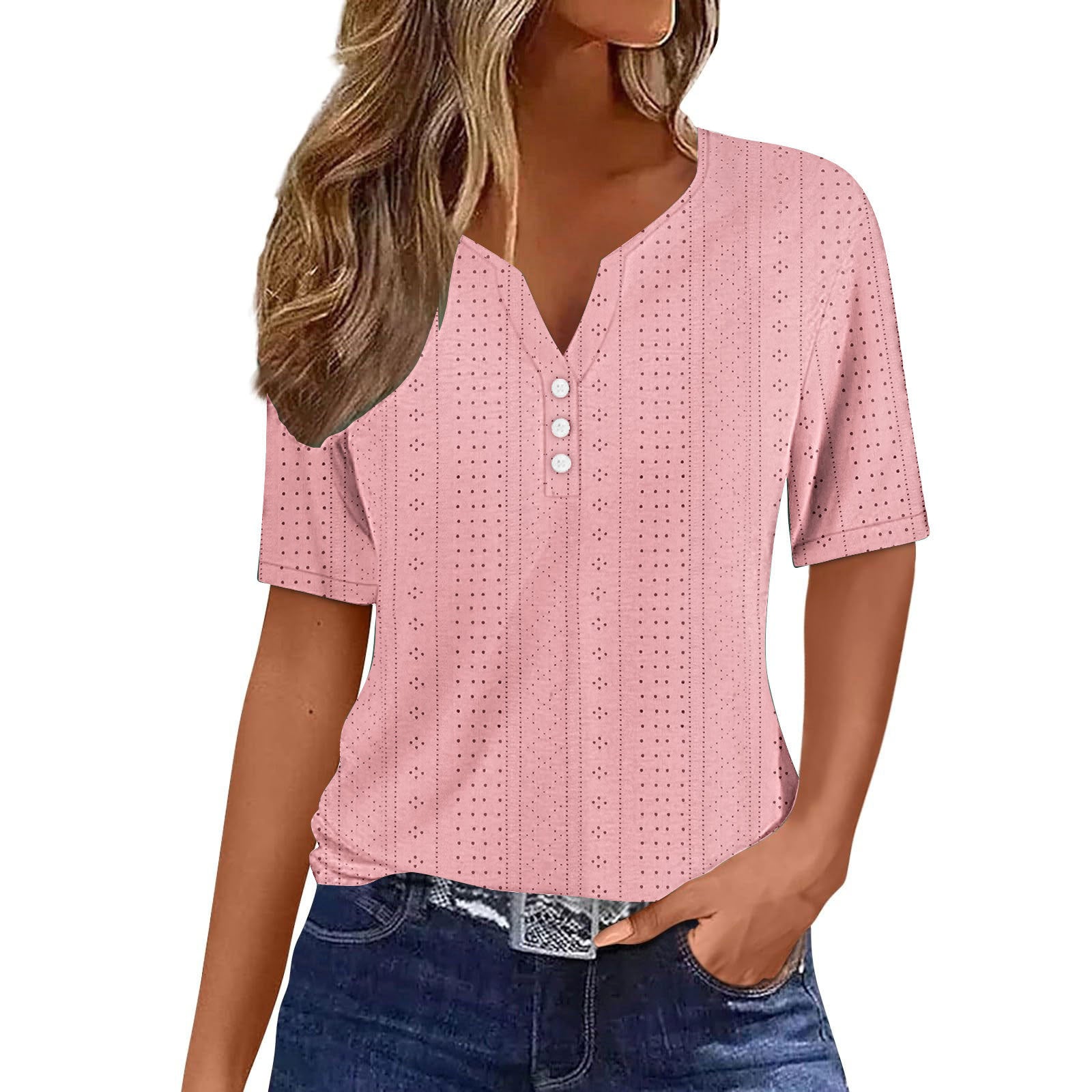Damen kurzärmeliges T-Shirt mit Knopfdetails und eingewebtem Muster WW