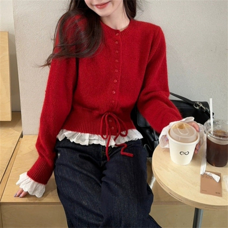 Damen romantischer Strick-Cardigan mit Spitze und Knopfdetails WW