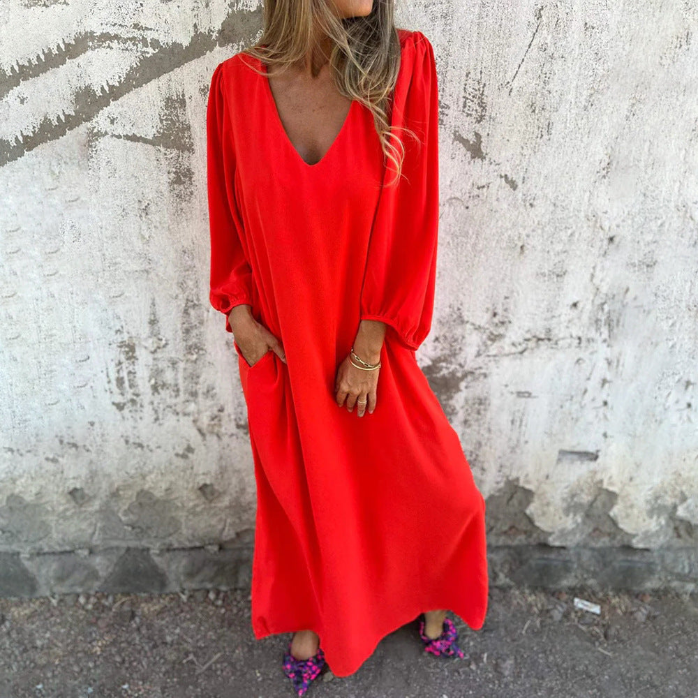 Damen Maxi-Kleid mit eleganten Puffärmeln und seitlichen Schlitzen WW