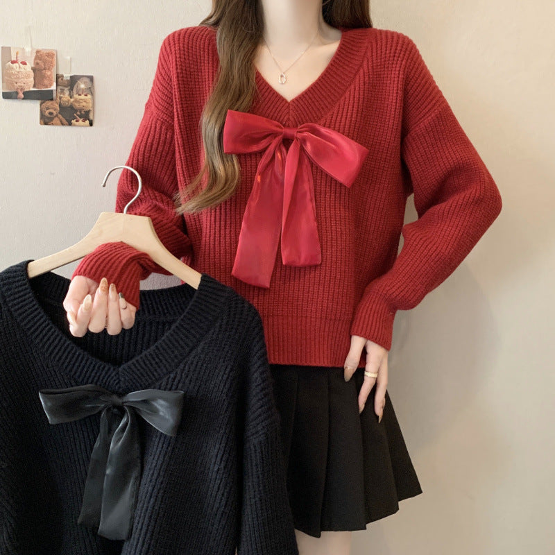 Damen Strickpullover mit V-Ausschnitt und dekorativem Schleifenakzent WW