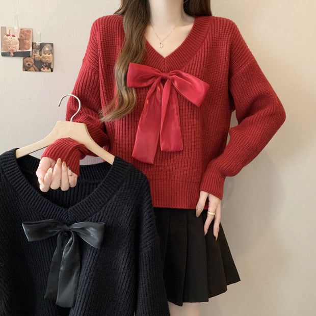Damen Strickpullover mit V-Ausschnitt und dekorativem Schleifenakzent WW