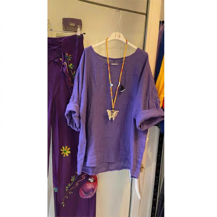 Damen Lockere Leinenbluse mit lässigem Schnitt und Rollärmeln W&W Mode