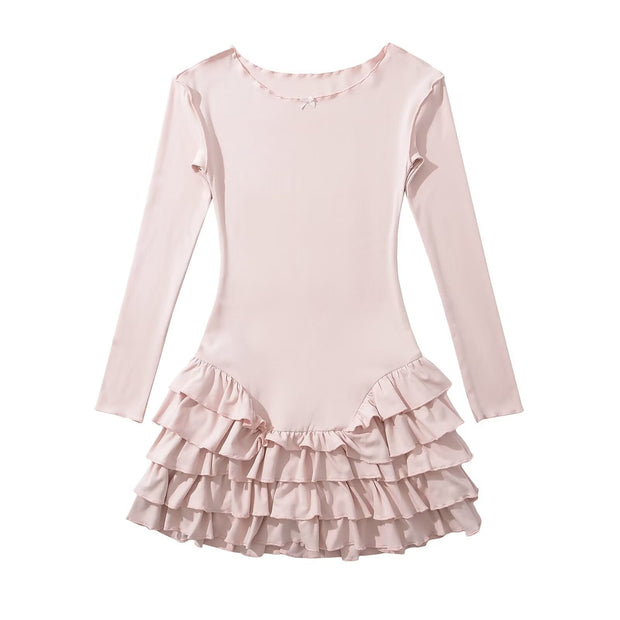 Damen Rüschens Mini-Kleid mit langen Ärmeln und ausgestelltem Saum WW