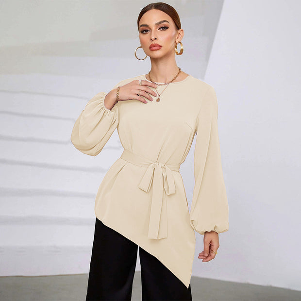 Damen asymmetrisches Blusenoberteil mit eleganten Rüschen und modischem Taillengürtel W&W