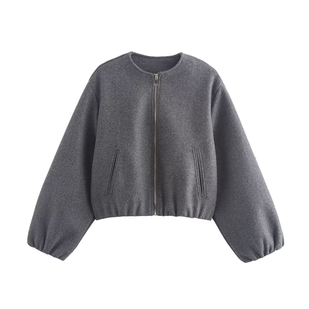Damen lässige Kurzjacke mit voluminösen Ärmeln und metallischem Reißverschluss W&W Mode