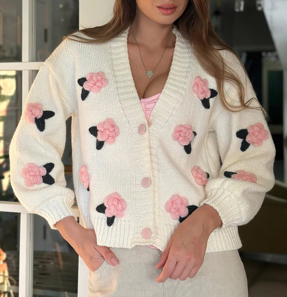 Damen Strickjacke mit floralen Applikationen und voluminösen Ärmeln WW