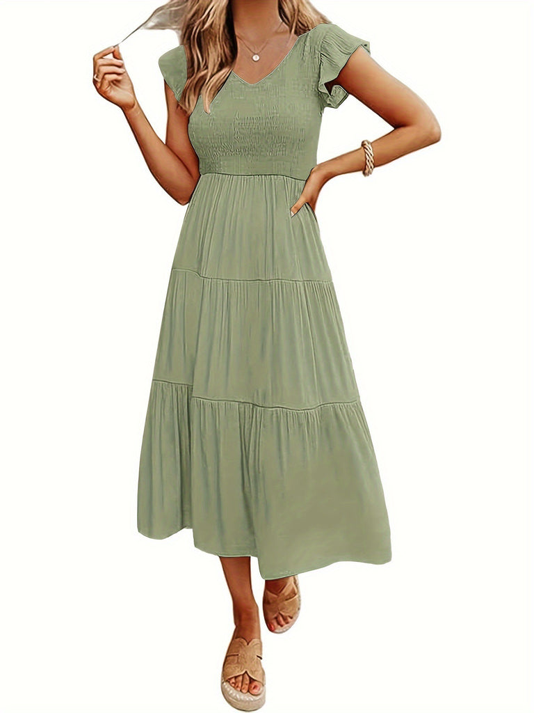 Damen Viskose Maxikleid mit voluminösen Rüschendetails und elastischem Taillenzug WW