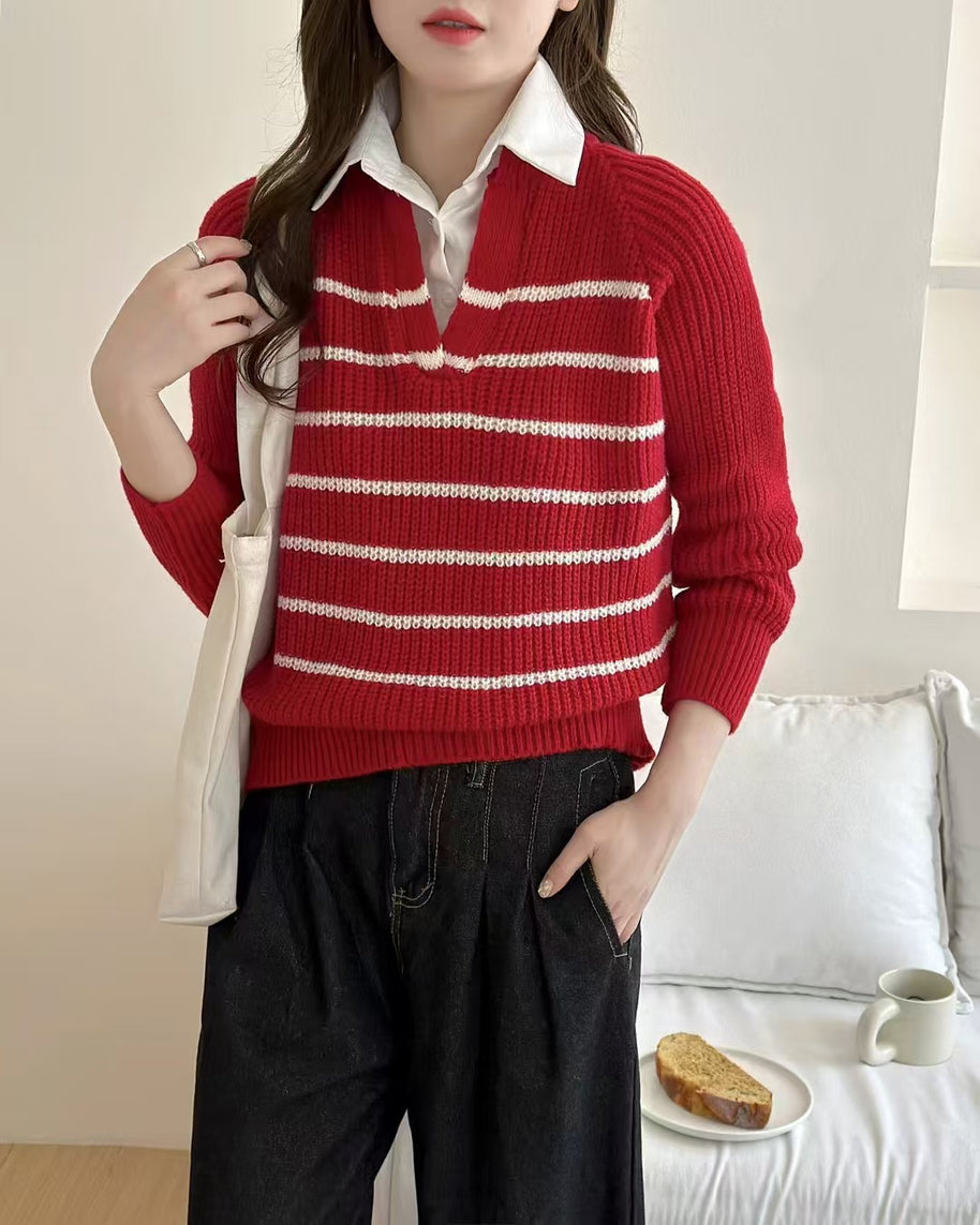 Damen Strickpullover mit V-Ausschnitt und gestreiftem Design WW