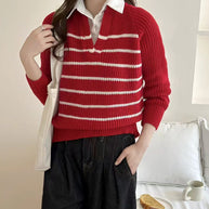 Damen Strickpullover mit V-Ausschnitt und gestreiftem Design WW
