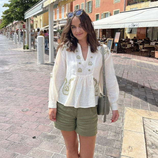 Damen bestickte Bluse mit Balloon-Ärmeln und V-Ausschnitt WW