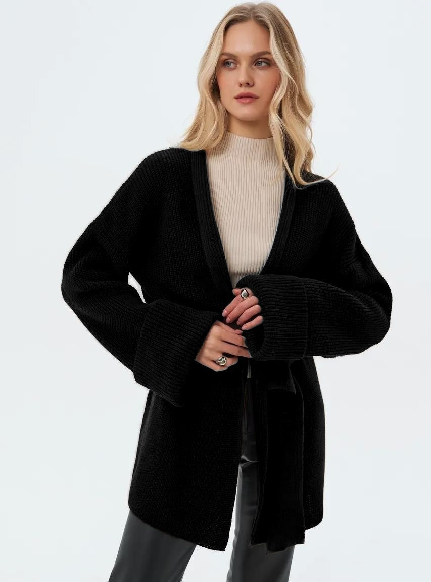 Damen Strickjacke mit Bindegürtel und weit geschnittenen Ärmeln WW