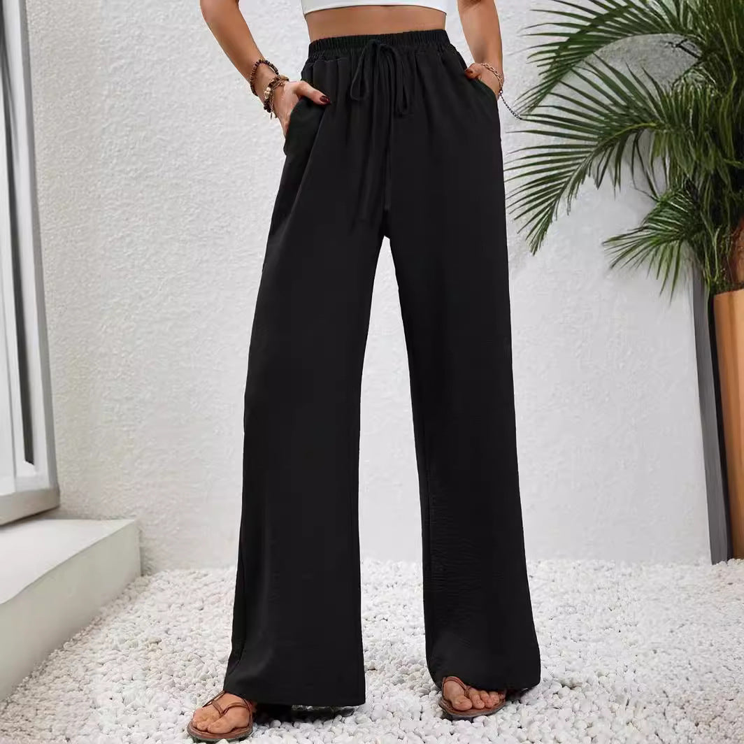 Damen lässige, breite Freizeithose mit elastischem Bund und seitlichen Taschen W&W Mode