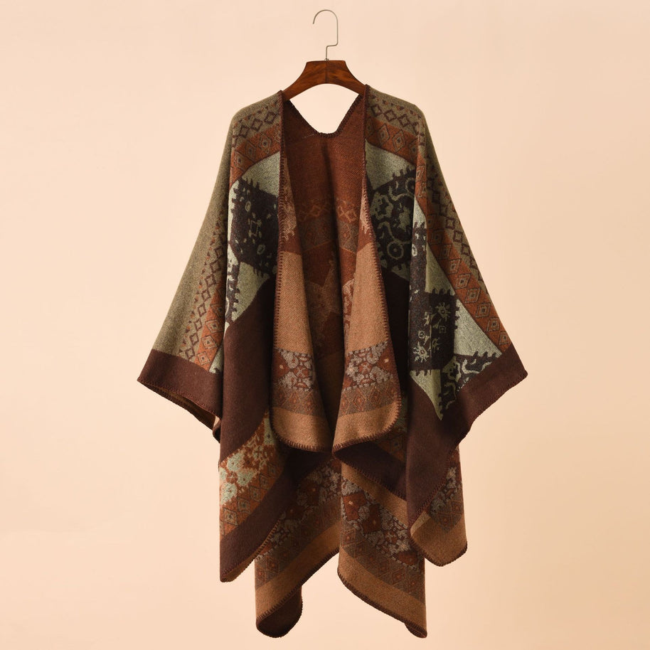 Damen Modischer Poncho mit kunstvollem Muster und fransigen Kanten WW