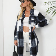 Damen Karomuster Longbluse mit Knopfverschluss und Seitentaschen WW