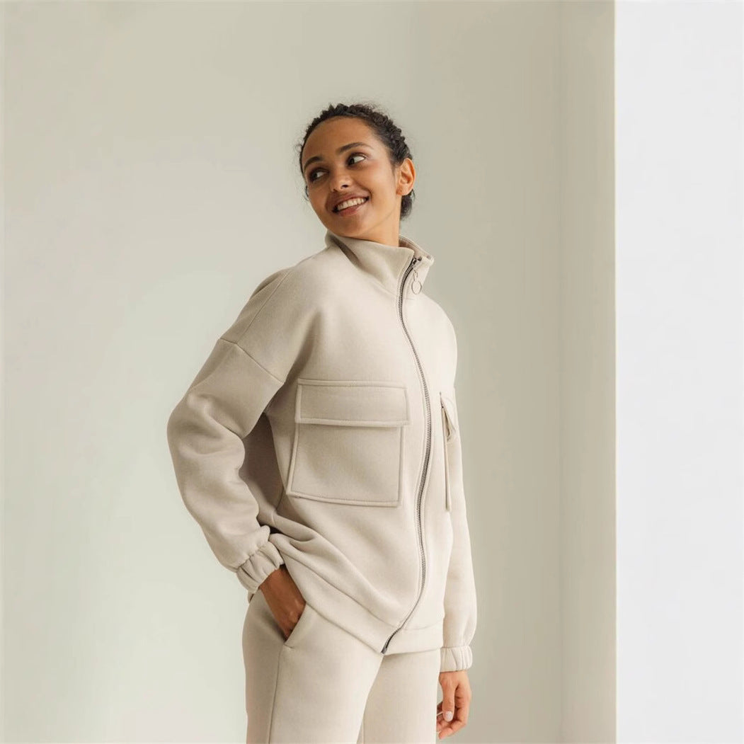 Damen sportlicher Fleece-Kapuzenpullover mit Reißverschluss und praktischen Taschen WW