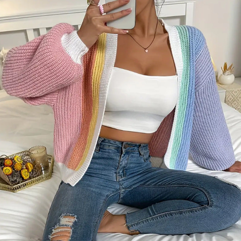 Damen Strickjacke mit buntem Blockdesign und lässigem Schnitt WW