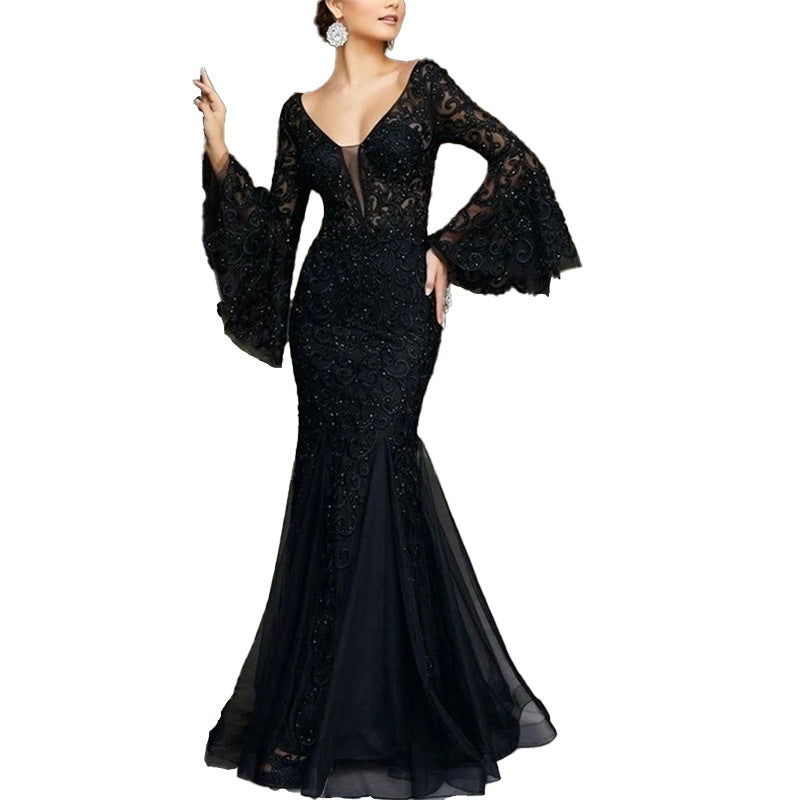Damen Figurbetontes Abendkleid mit schimmernden Verzierungen und elegantem V-Ausschnitt WW