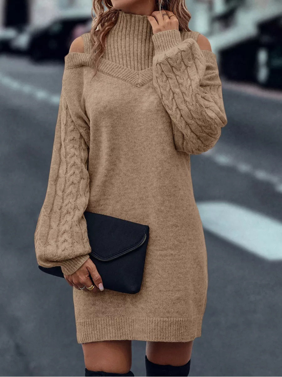 Damen Strickkleid mit hochgeschlossenem Kragen und offener Schulterpartie WW