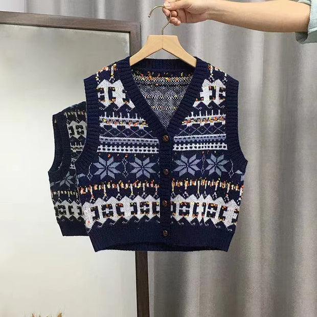 Damen Strickweste mit schickem Norweger-Muster und Knopfverschluss WW
