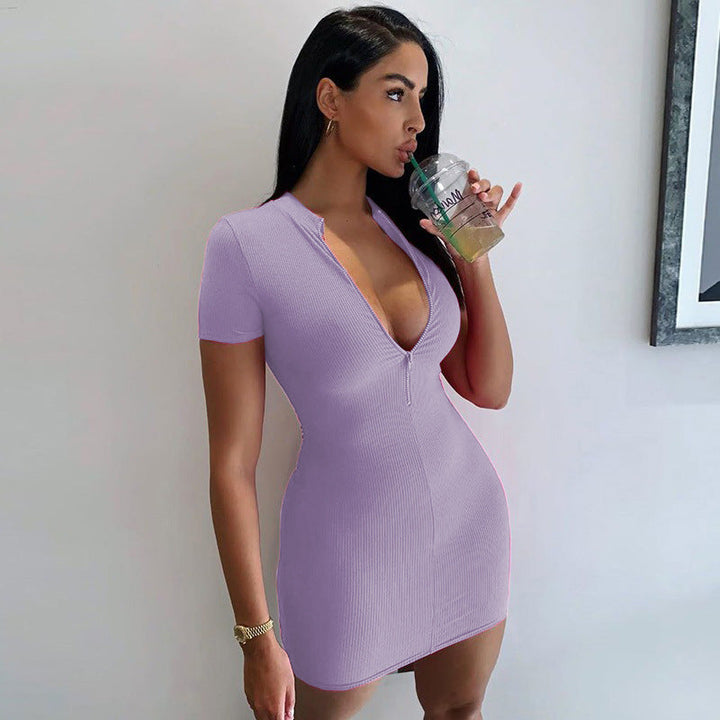 Damen figurbetontes Kleid mit Reißverschluss und kurzem Ärmel W&W Mode