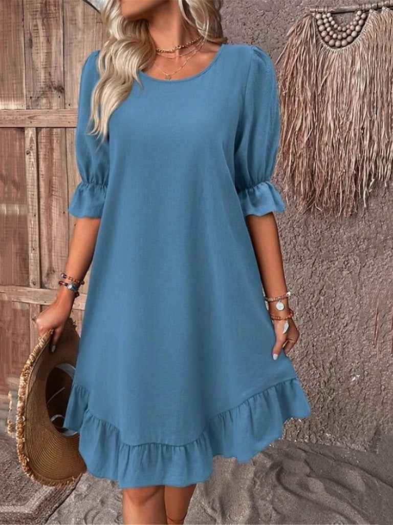 Damen lässiges Sommerkleid mit Rüschendetail und weit ausgestelltem Schnitt WW