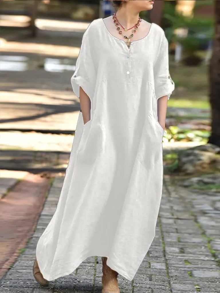 Damen Maxikleid aus atmungsaktiver Baumwolle mit Knopfleiste und praktischen Taschen WW