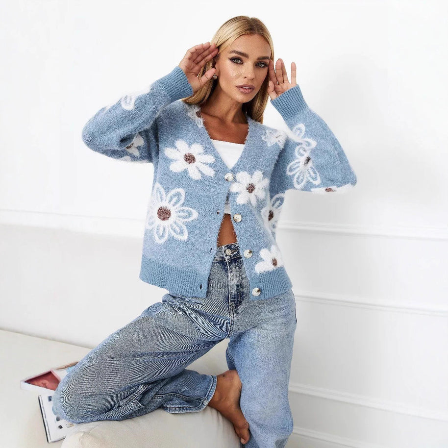 Damen Strickjacke mit Blumenmuster WW