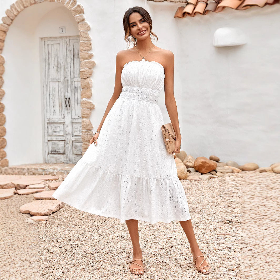Damen Sommerliches Bandeau-Kleid mit Rüschendetails und gehäkeltem Stoff WW