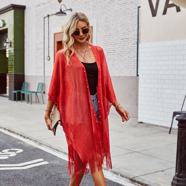 Damen transparenter Kaftan mit fransigen Kanten und elegantem Design WW