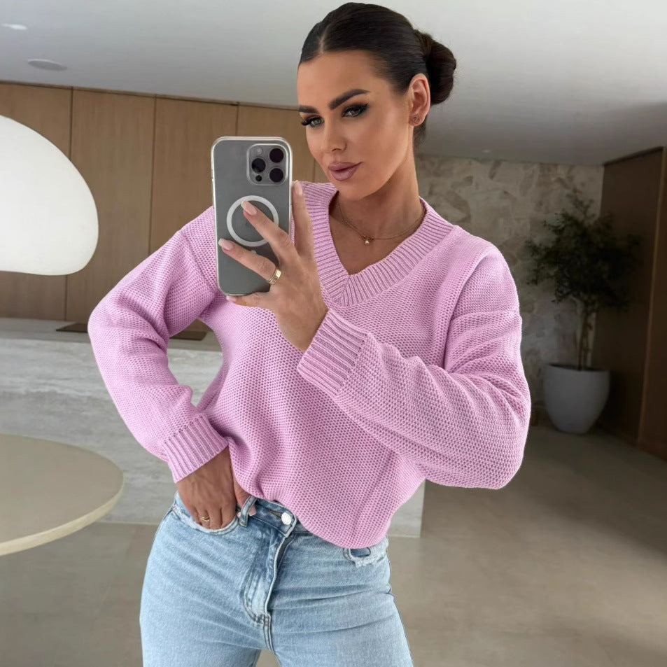 Damen Strickpullover mit tiefem V-Ausschnitt und legerem Schnitt WW