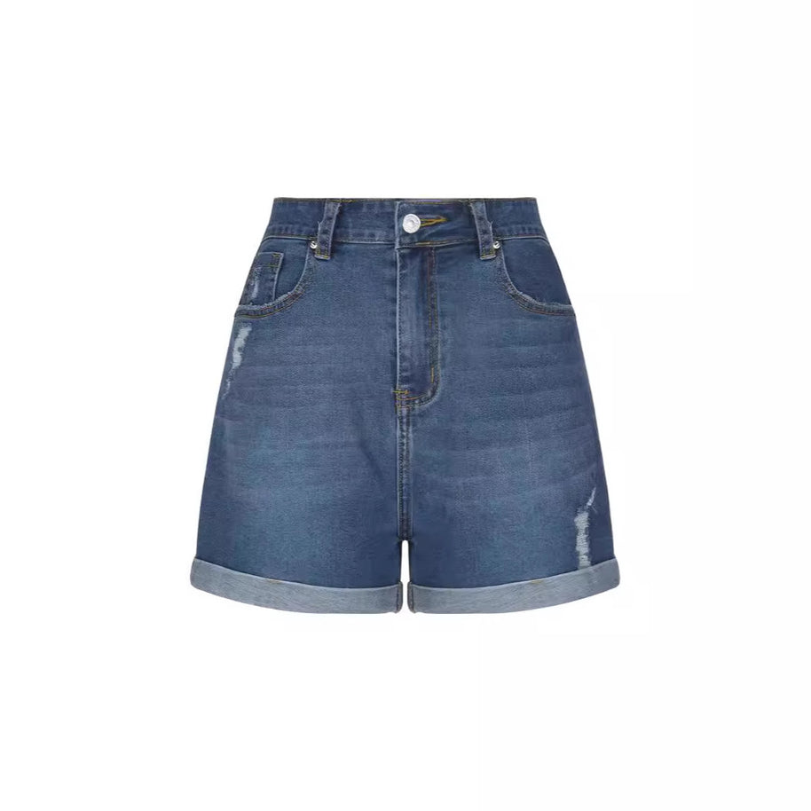 Damen Destroyed Denim-Shorts mit hohem Bund und ausgefranstem Saum WW