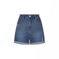 Damen Destroyed Denim-Shorts mit hohem Bund und ausgefranstem Saum WW