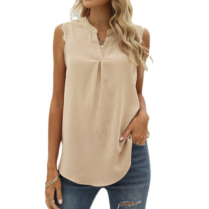 Damen ärmelloses Blusenshirt mit elegantem Spitzeneinsatz und modischen Falten WW