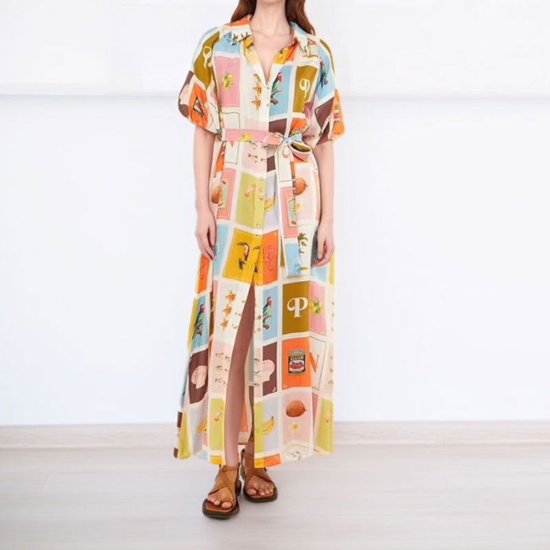 Damen Hemdblusenkleid mit farbenfrohem Print und taillierbarem Gürtel W&W Mode