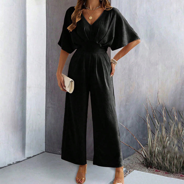Damen Weit geschnittener Jumpsuit mit eleganten Drapierungen und V-Ausschnitt WW