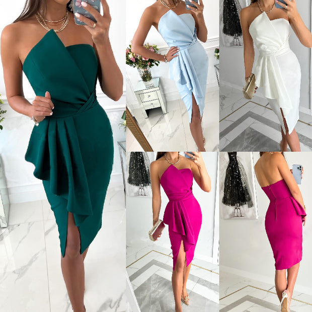 Damen Körperbetontes Abendkleid mit Rüschen und Schlitz WW