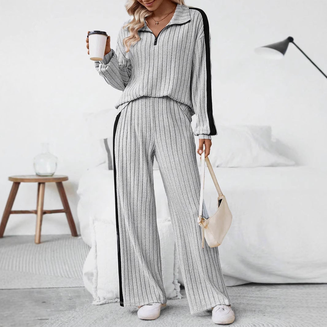 Damen bequemer Loungewear-Set mit strukturiertem Stoff und Halbzip WW