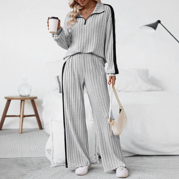 Damen bequemer Loungewear-Set mit strukturiertem Stoff und Halbzip WW
