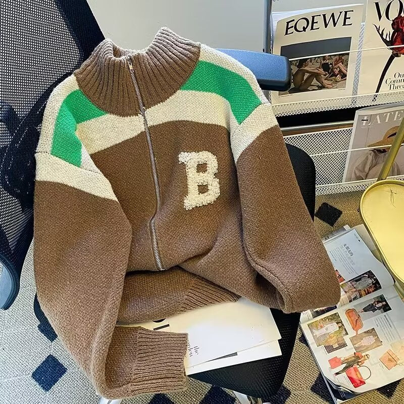 Damen Sportlicher Stehkragen-Strickpullover mit Reißverschluss und kontrastierenden Details WW