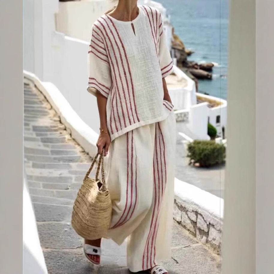 Damen leichte gestreifte Leinen Tunika und Hose Set WW