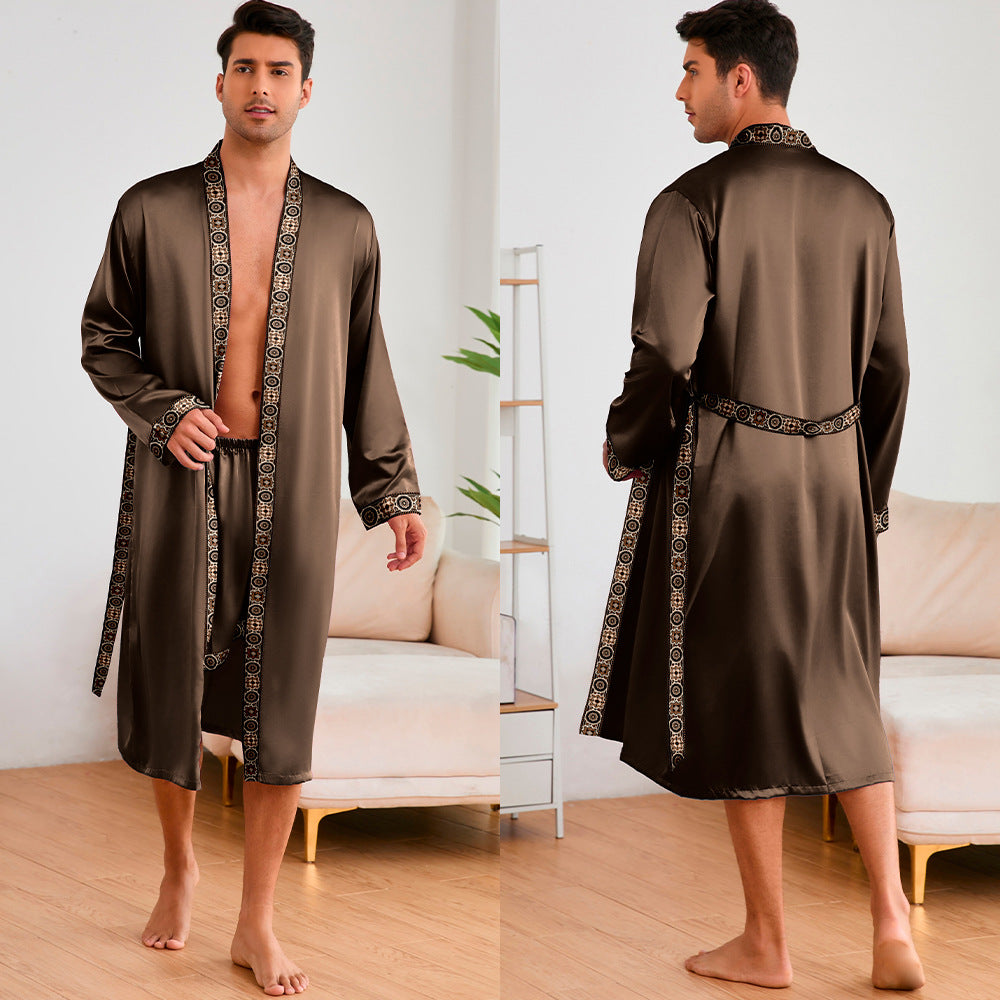 Herren Satin Morgenmantel mit stilvollem Schalkragen und seitlichen Taschen WW