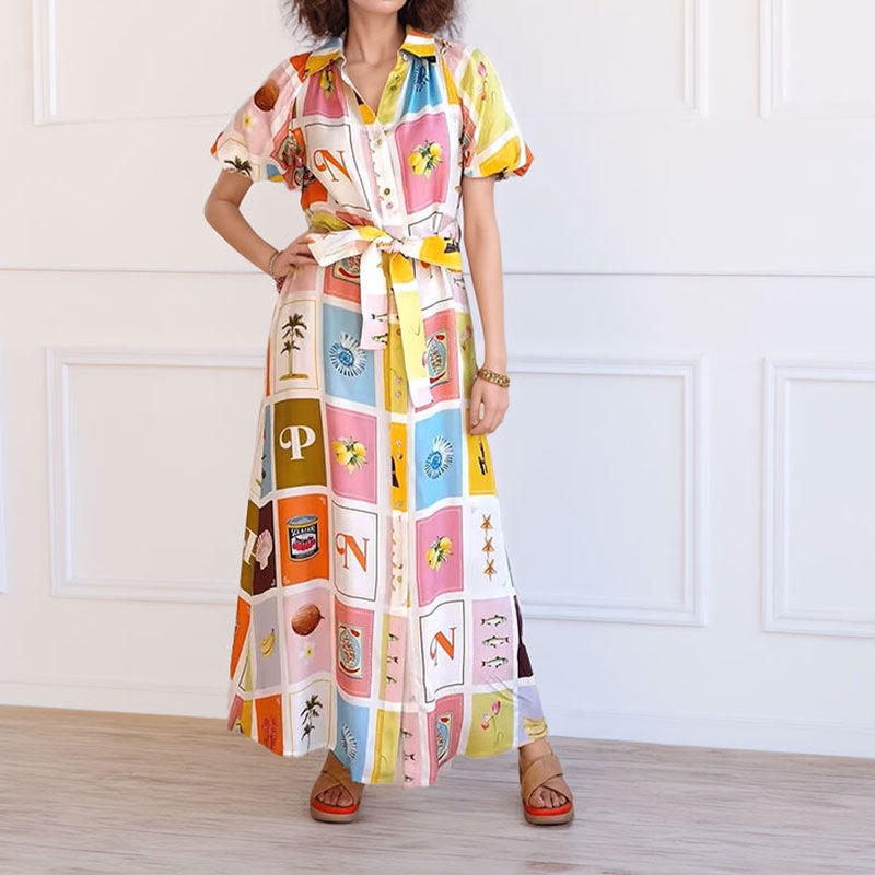 Damen Hemdblusenkleid mit farbenfrohem Print und taillierbarem Gürtel W&W Mode