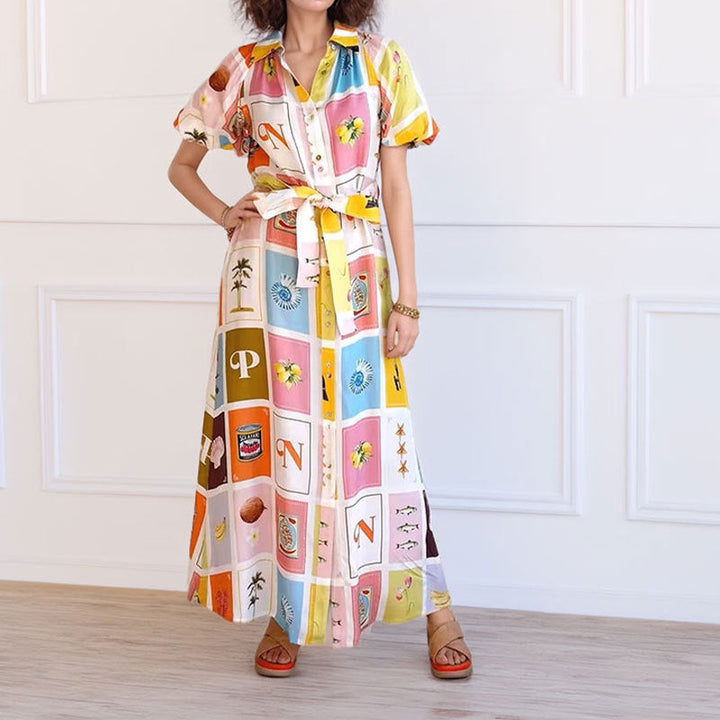 Damen Hemdblusenkleid mit farbenfrohem Print und taillierbarem Gürtel W&W Mode