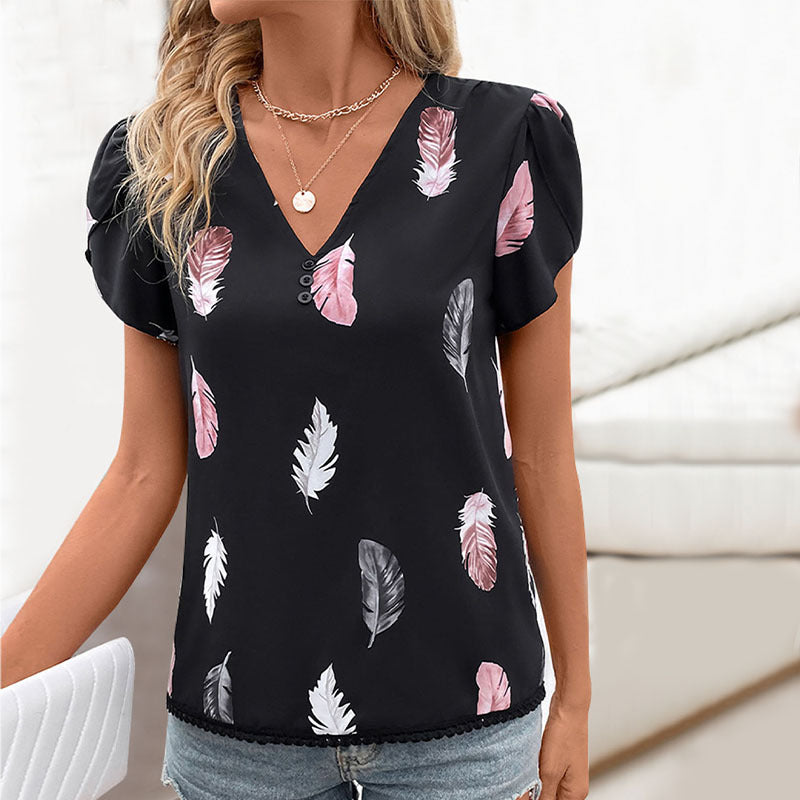 Damen Bluse mit romantischen Federmuster und Puffärmeln WW