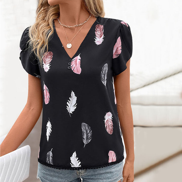 Damen Bluse mit romantischen Federmuster und Puffärmeln W&W Mode